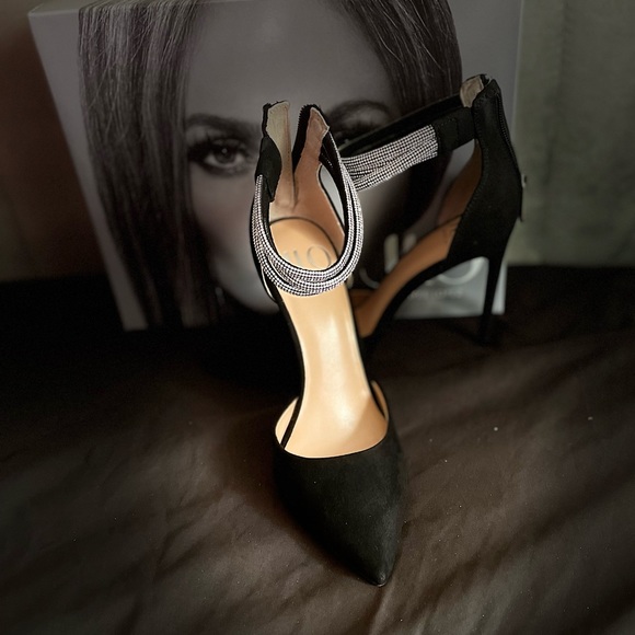 Black Suede Zipper closure with wrap around rhinestone ankle belt - Picture 3 of 3